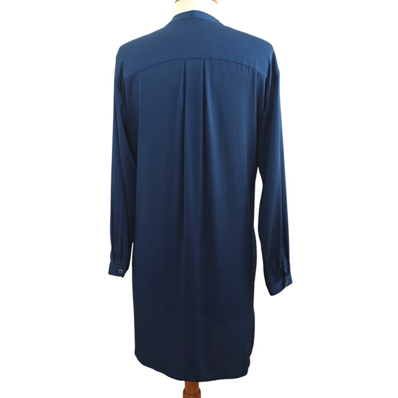 Vince Silk Tunic Shift Dress Size 2 Blue Stretch Pockets V-Neck L/S Minimalist - Picture 6 of 12